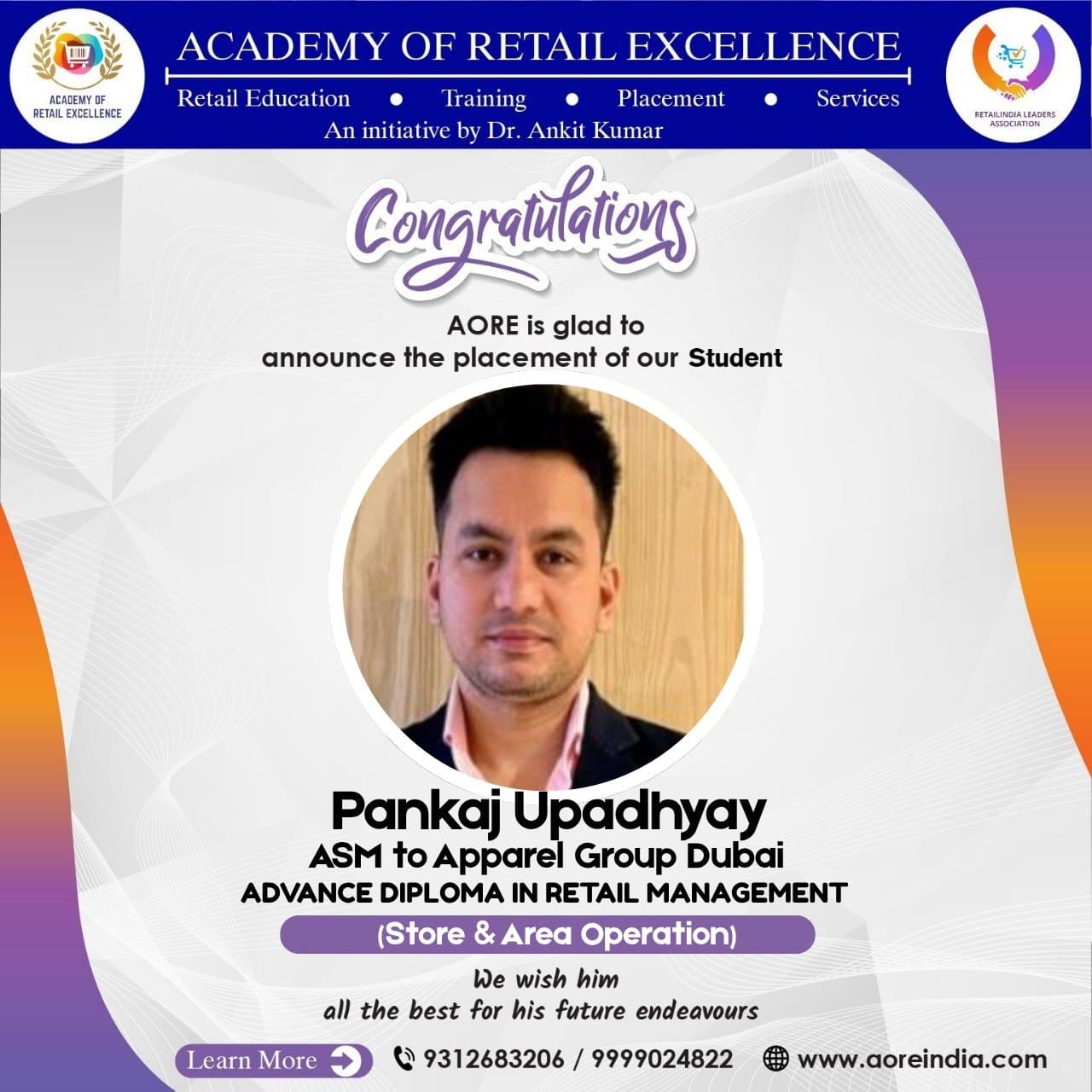 A placement announcement card designed by the Academy of Retail Excellence