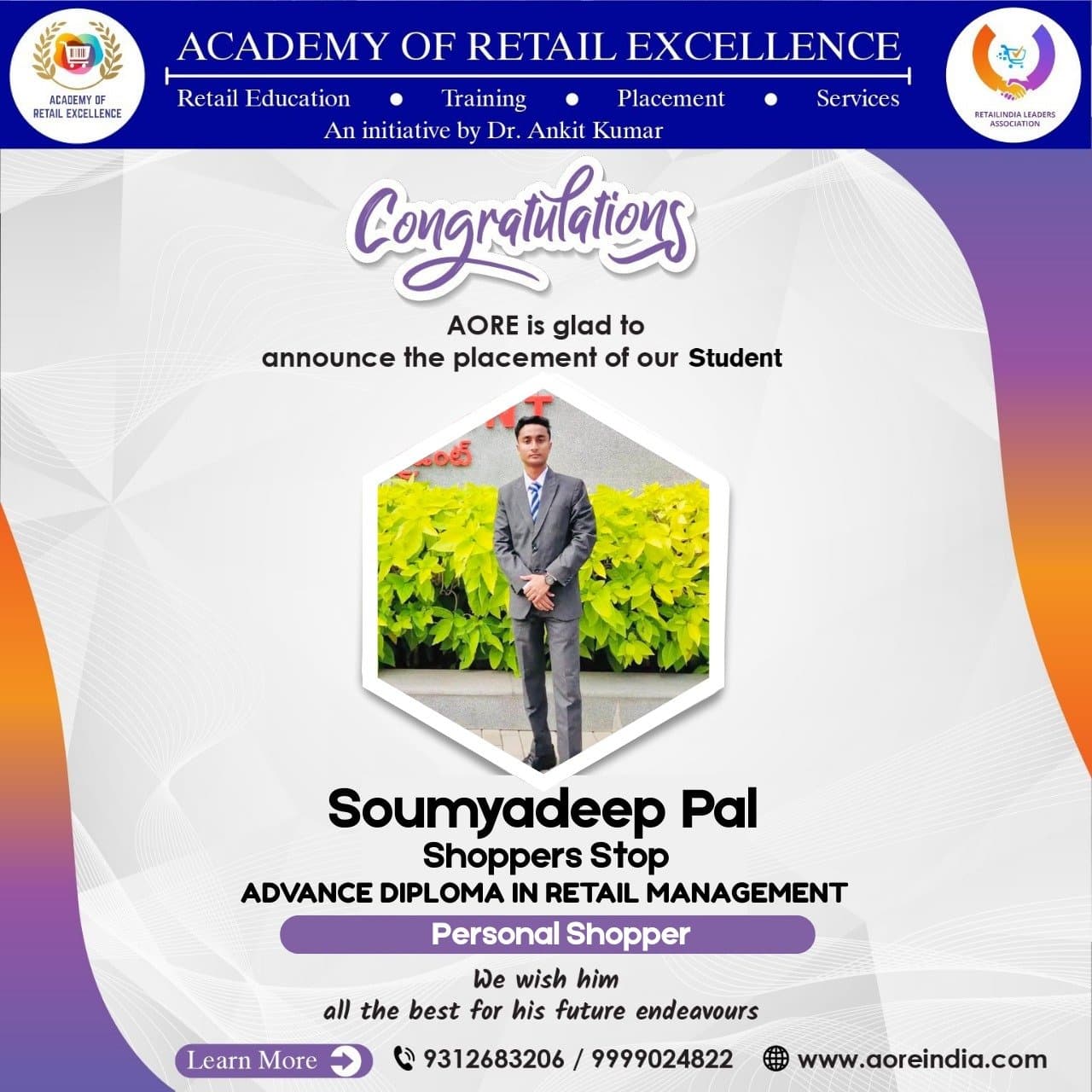 A placement announcement card designed by the Academy of Retail Excellence