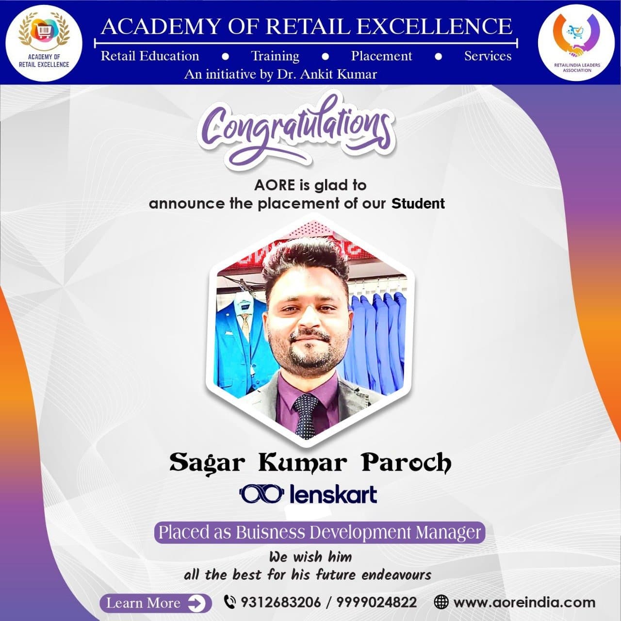 A placement announcement card designed by the Academy of Retail Excellence