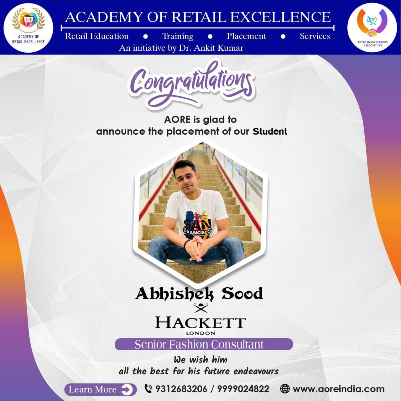 A placement announcement card designed by the Academy of Retail Excellence