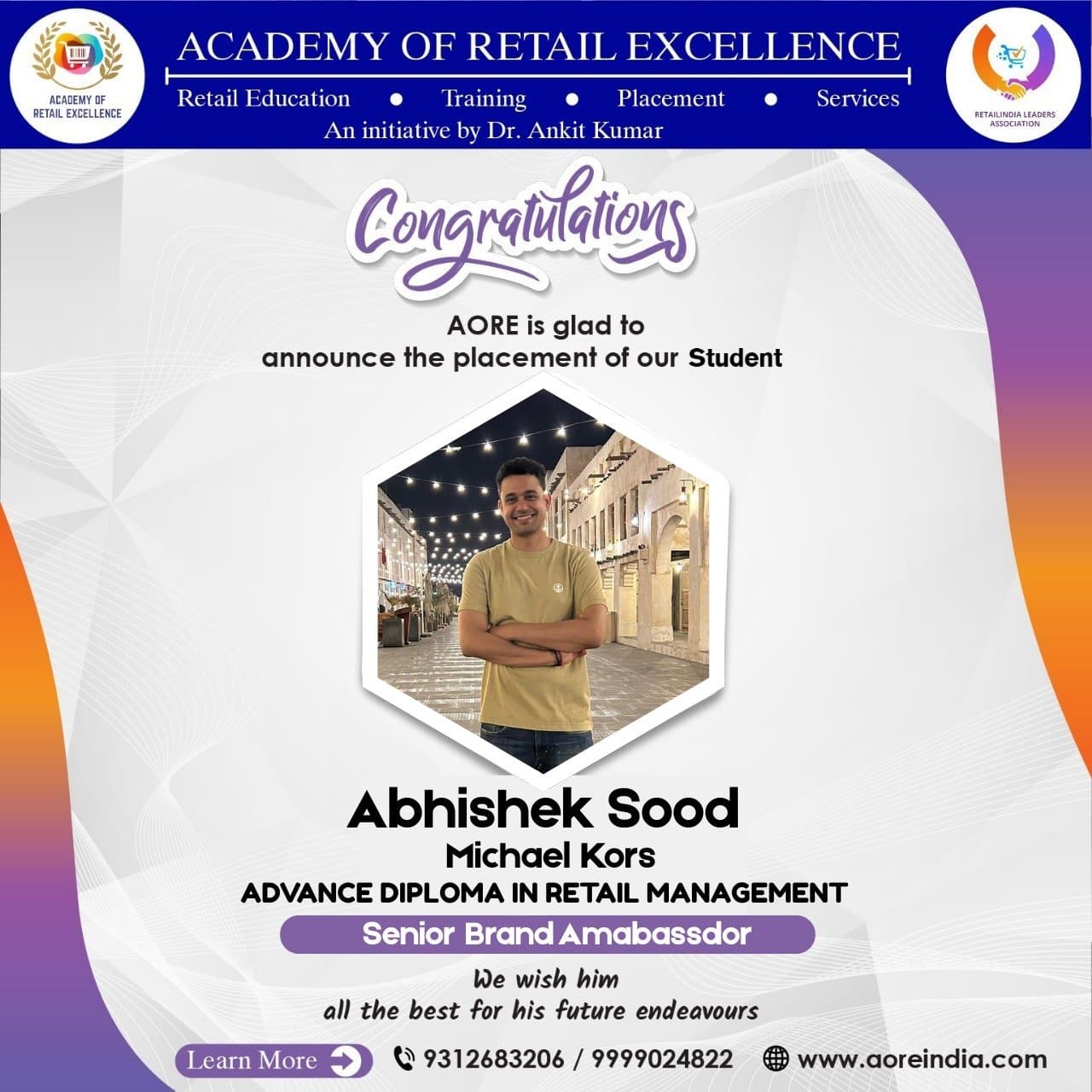 A placement announcement card designed by the Academy of Retail Excellence